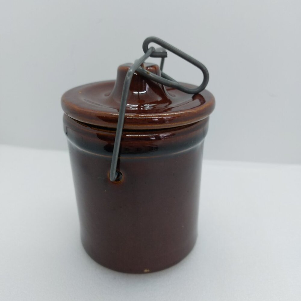 Vintage Brown Glazed 4 1/2 " Tall Stoneware Crock With Lid